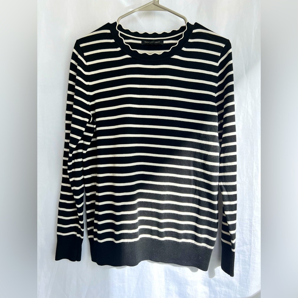 Banana Republic Black and White Striped Sweater with Scalloped Collar